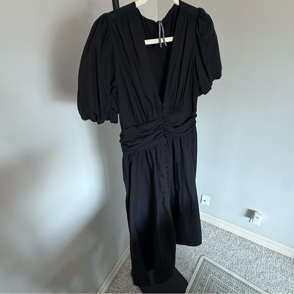 Anthro Somerset Black Midi Dress M Puff Sleeve Ruched Waist - Picture 3 of 7